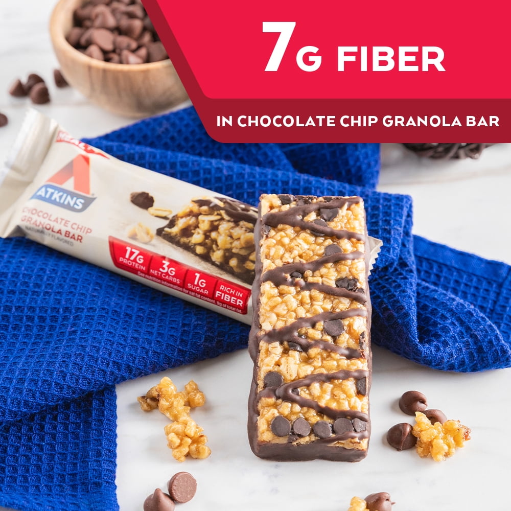 Atkins Chocolate Chip Granola Protein Meal Bar, High Fiber, Low Sugar, Meal Replacement, Keto Friendly, 6/8 Packs