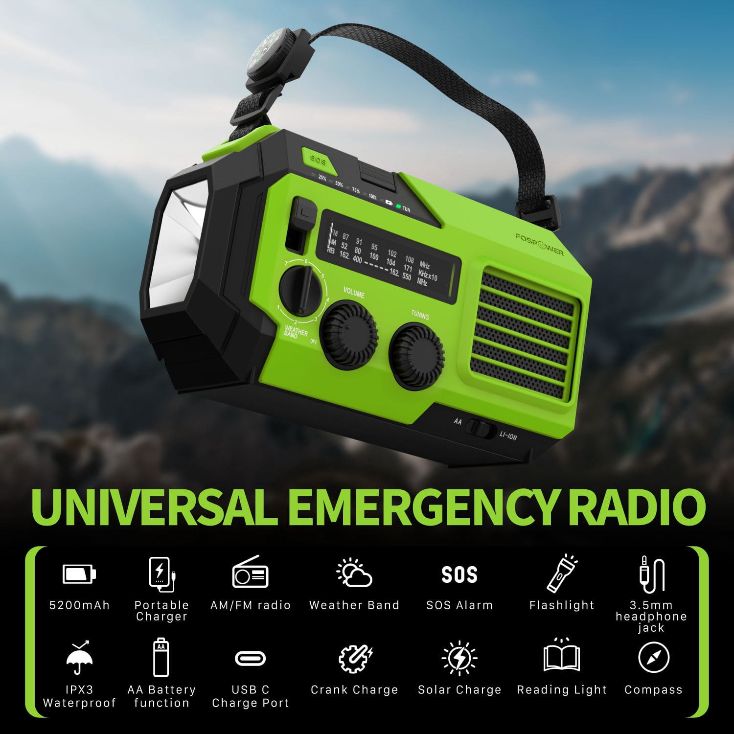 FosPower 5200mAh Emergency Radio (Model A6) NOAA Weather Alert Radio & Power Bank with IPX3 Rating, Solar Charging, Hand Crank, SOS, AM/FM/WB & LED Flashlight for Emergency Kit, Power Outages - Green