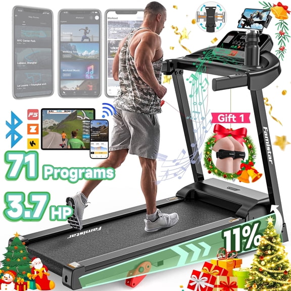 Famistar 3.7HP Folding Treadmill for Home w/ APP Control, 300lbs Capacity, Adjustable Incline, 64 7 Programs, Bluetooth Speakers, Electric Treadmill Running Machine, Knee Strap Gift