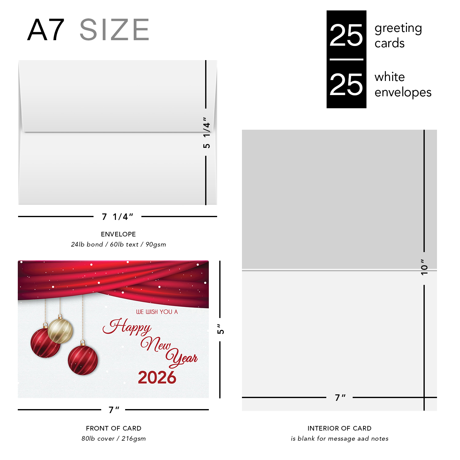 2026 Happy New Year Cards and Envelopes | Elegant Christmas, Holidays, Xmas, New Year's Eve Red Thank You Invitation Greeting Cards Set – 25 Half Fold Cards and A7 Envelopes | 5 x 7 inches (A7 Size)