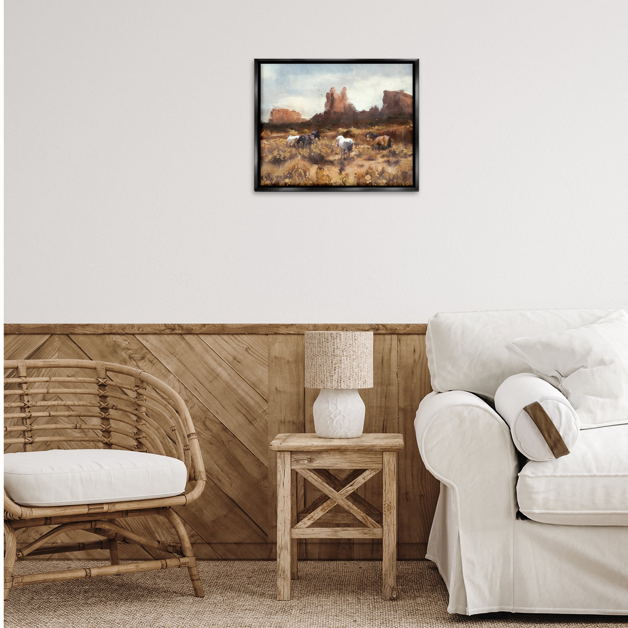Stupell Industries Desert Horses Landscape Landscape Painting Black Floater Framed Canvas Art Print Wall Art, 21 x 17