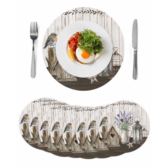 Vintage Flowers Round 15 Inch Placemats Set of 8, Wooden Birds Retro Art Farmhouse HeatResistant Non Slip Place Mats for Dining Table, Wipeable Braided Kitchen Table Mats for Housewarming