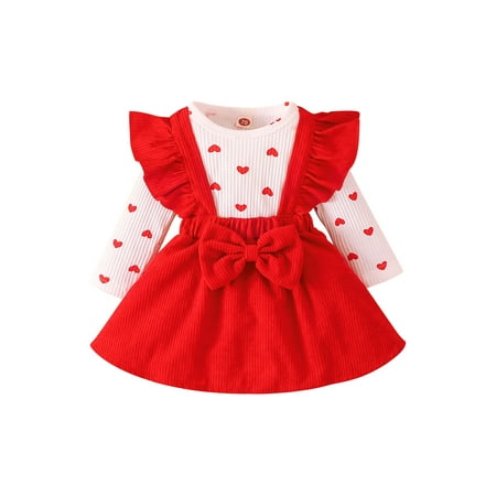 

Baby Girls Valentine s Day Outfit Sets White Long Sleeve Heart Print Romper + Red Suspender Skirt