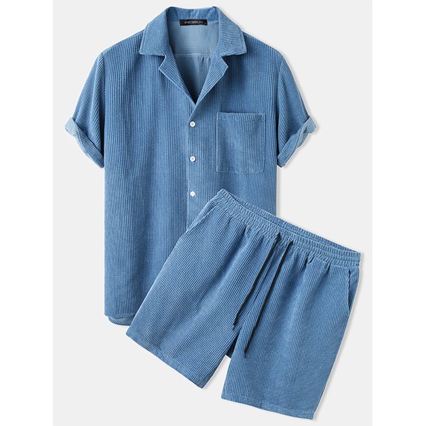 Incerun Mens Thin Corduroy Mustard Set Patch Pocket Short Sleeve