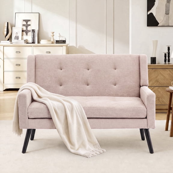 Wansaly 46.85" 2‑Seat Loveseat, Mid‑Century Tufted Linen  Comfy Couch with Solid Wood Legs, Beige, for Small Space Apartment