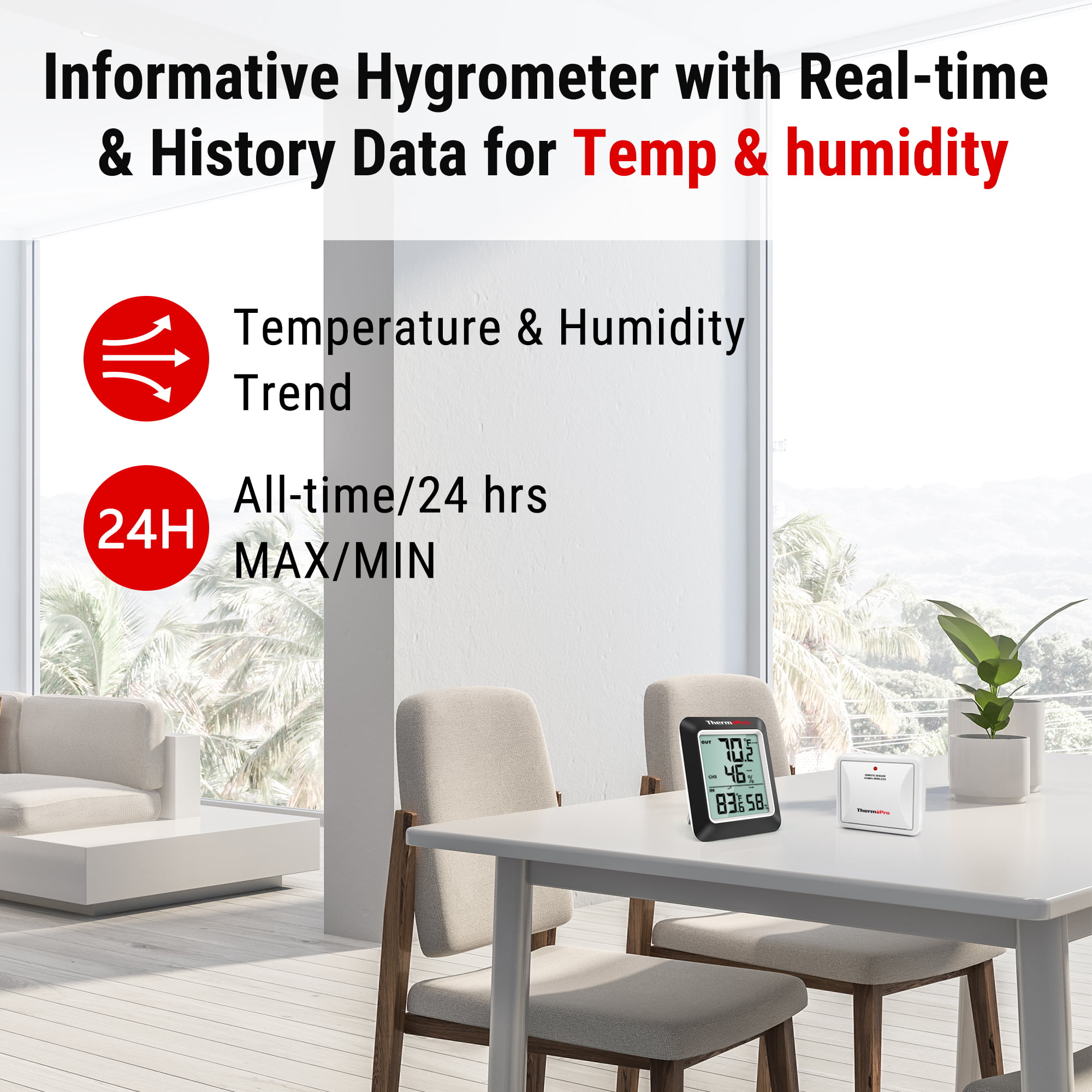 ThermoPro TP60SW Digital Hygrometer Indoor Outdoor Thermometer Wireless  Temperature and Humidity Gauge Monitor Room Thermometer with 200ft/60m  Range
