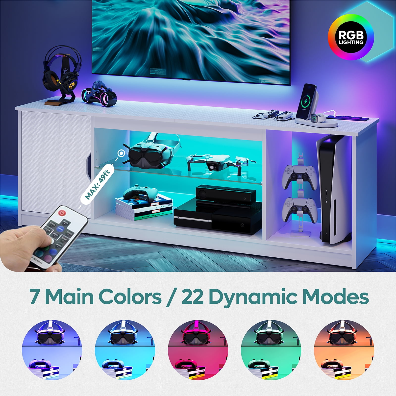 Bestier LED TV Stand for TVs up to 65", Entertainment Center with Power Outlet & Storage Cabinet, White