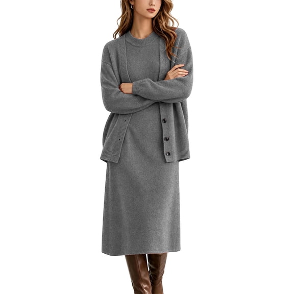 Nowekniz Women's Long Sleeve Button Knit Coat Crew Neck Long Dress Set