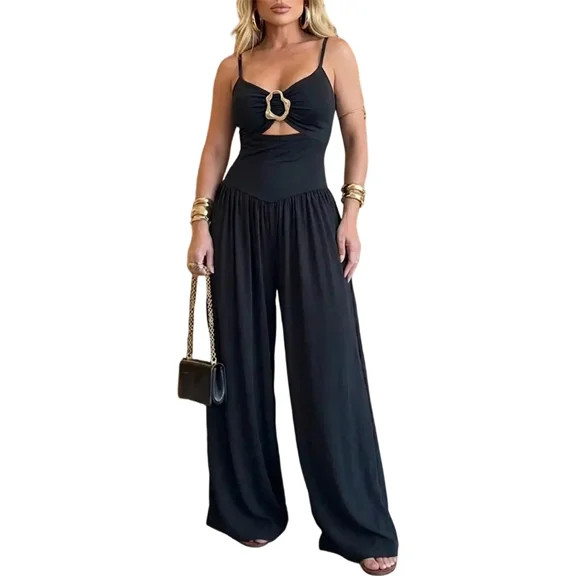 ChicMe Jumpsuits For Women Gold Ring Spaghetti Strap Cut-Out Waist Backless Wide Leg Jumpsuit Elegant Party Womens Rompers Black-L