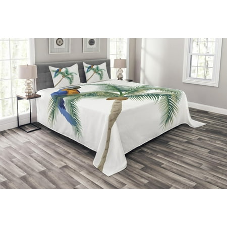 Big Pillows For Sitting Parrot Bedspread Set, Big Parrot Sitting on Coconut Tree Talkative Character of Exotic Design, Decorative Quilted Coverlet Set with Pillow Shams Included, Green White Blue Brown, by Ambesonne ()