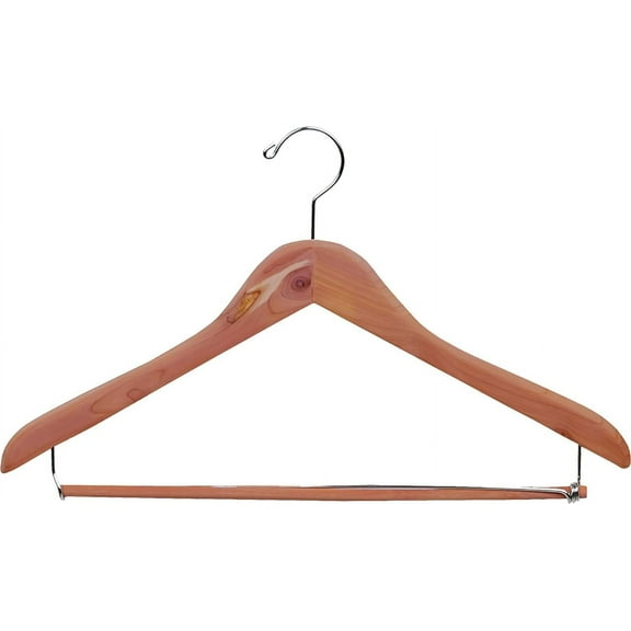 Unfinished Natural Red Cedar Wood Suit Hanger with Locking Bar in 17" Length X 7/16" Thick with Semi-Curved Body and Chrome Hardware, Box of 12
