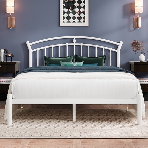 Virans Full Size Metal Platform Bed with Victorian Style Headboard, Heavy Duty Steel Slat Support, 12"Under Bed Storage,Easy Assembly, White