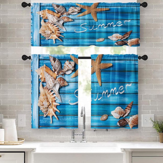 Starfish Kitchen Curtains Sea Shells Window Curtains Valance and Tier Set 36 Inch, Blue Wooden Boards Rod Pocket Short Tier Curtain for Bedroom Living Room, Summer Small Cafe Kitchen Decor