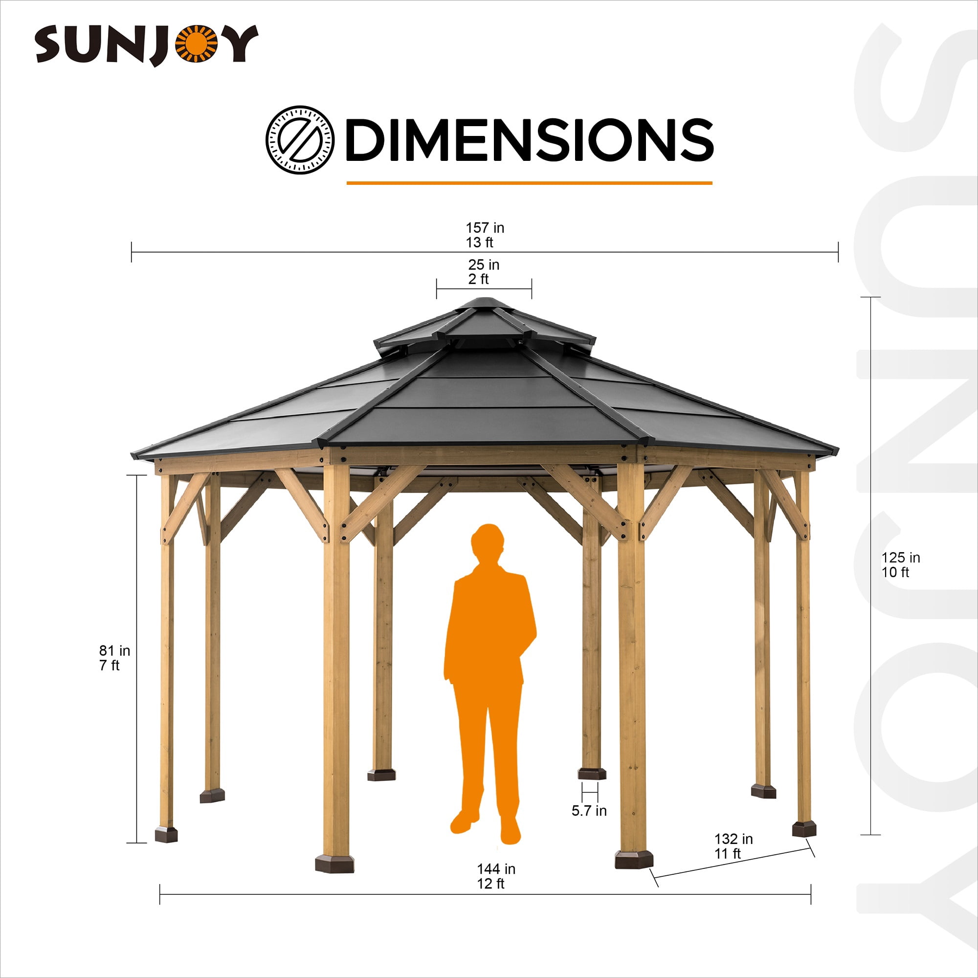 Sunjoy Nebraska Collection 13 ft. x 13 ft. Cedar Framed Octagon Gazebo with Black Steel 2-tier Hardtop Roof