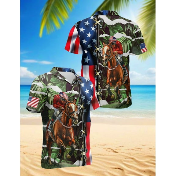American Jockey Racing Hawaiian Shirt for Men, Button Down Summer Beach Short Sleeve, S-5XL