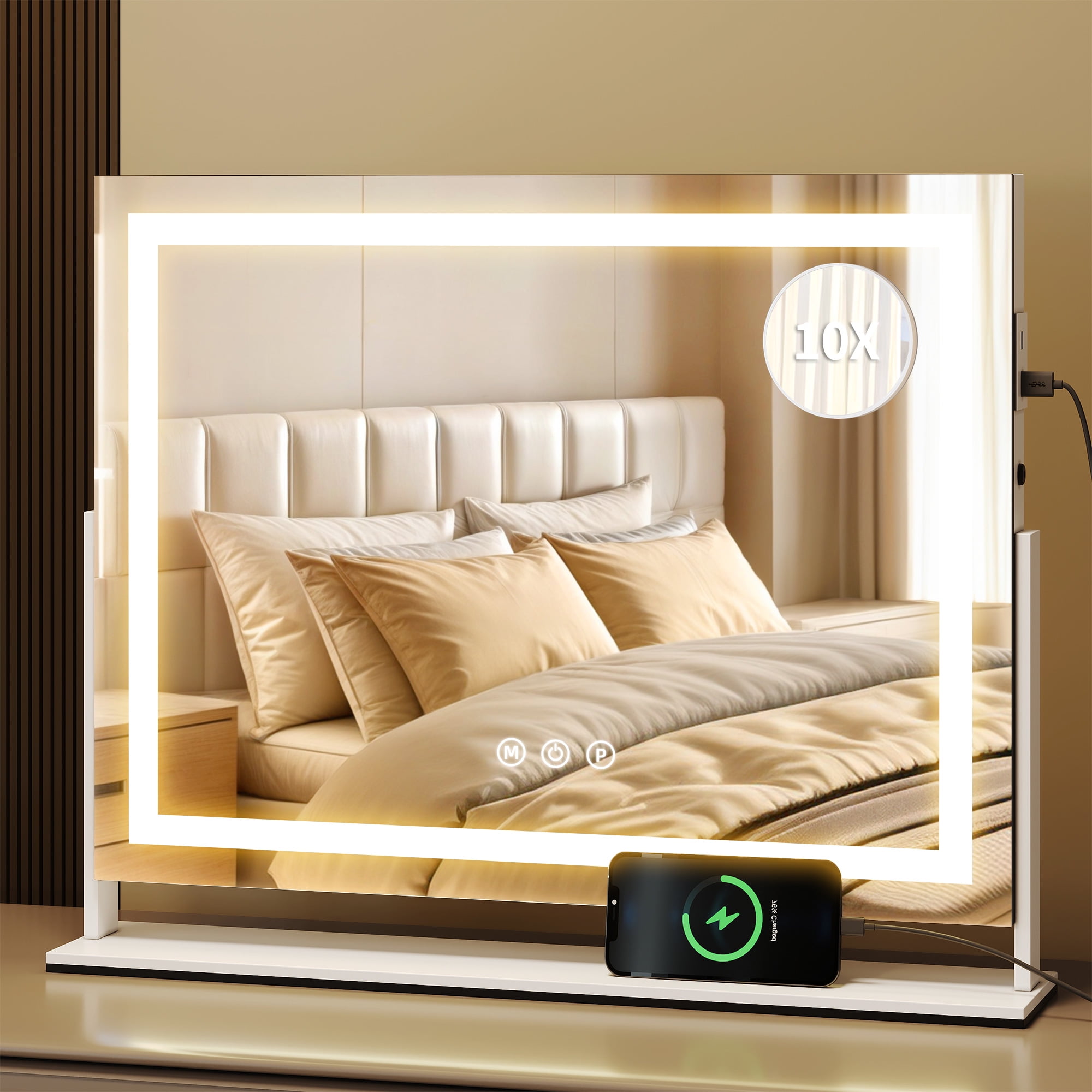 Dextrus Vanity Mirror with Lights, 24.6" x 22.8" LED Makeup Mirror with USB Ports & 10X Magnification, 3 Color Lights Touch Control, Tabletop or Wall Mount , 360°Rotation