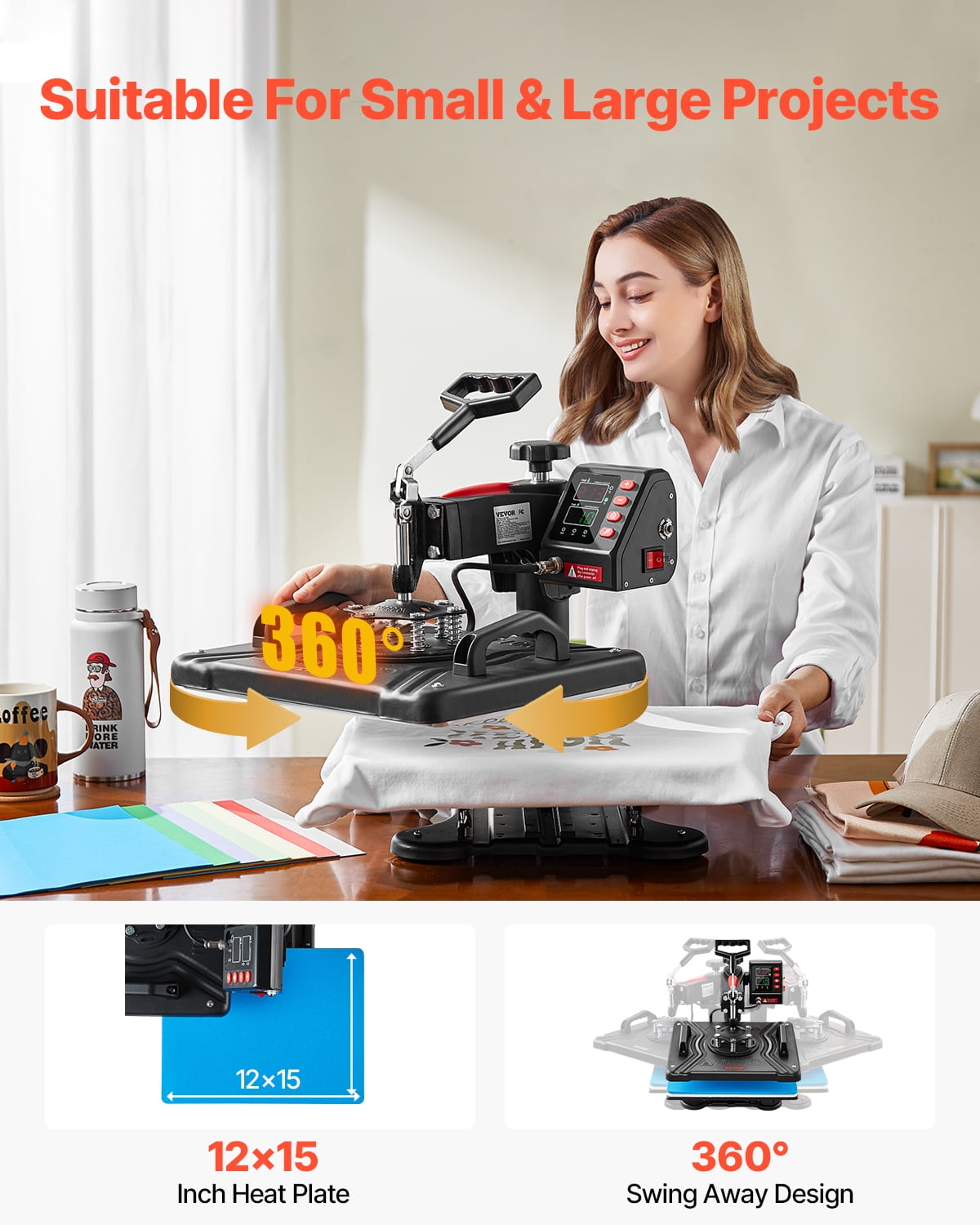 KFFKFF Heat Press Machine, 12x15inch / 30x38cm, 5IN1 Clamshell Sublimation Transfer Printer with Teflon Coated, Digital Precise Heat Control, Silica-gel Powerpress for T-Shirt Plate Mug Cup
