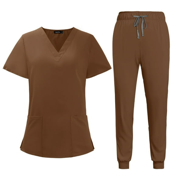 Scrubs for Women Scrub Set - Jogger Pant and Comfort Stretch V-Neck Top, Easy Care Workwear Nurse Uniforms Brown L