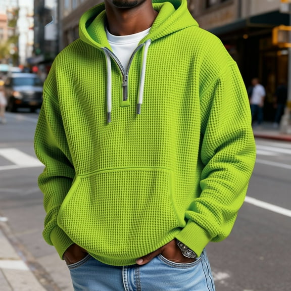 Mens Hoodies Pullover Quarter Zip Casaul Long Sleeve Drawstring Waffle Knit Hooded Sweatshirt with Pocket Fluorescent Green XL