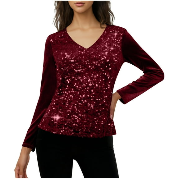 BUIGTTKLOP Dressy Casual Velour Tops for Women V Neck Sequin Tops Long Sleeve Shirts Slim Fitted Party Blouses