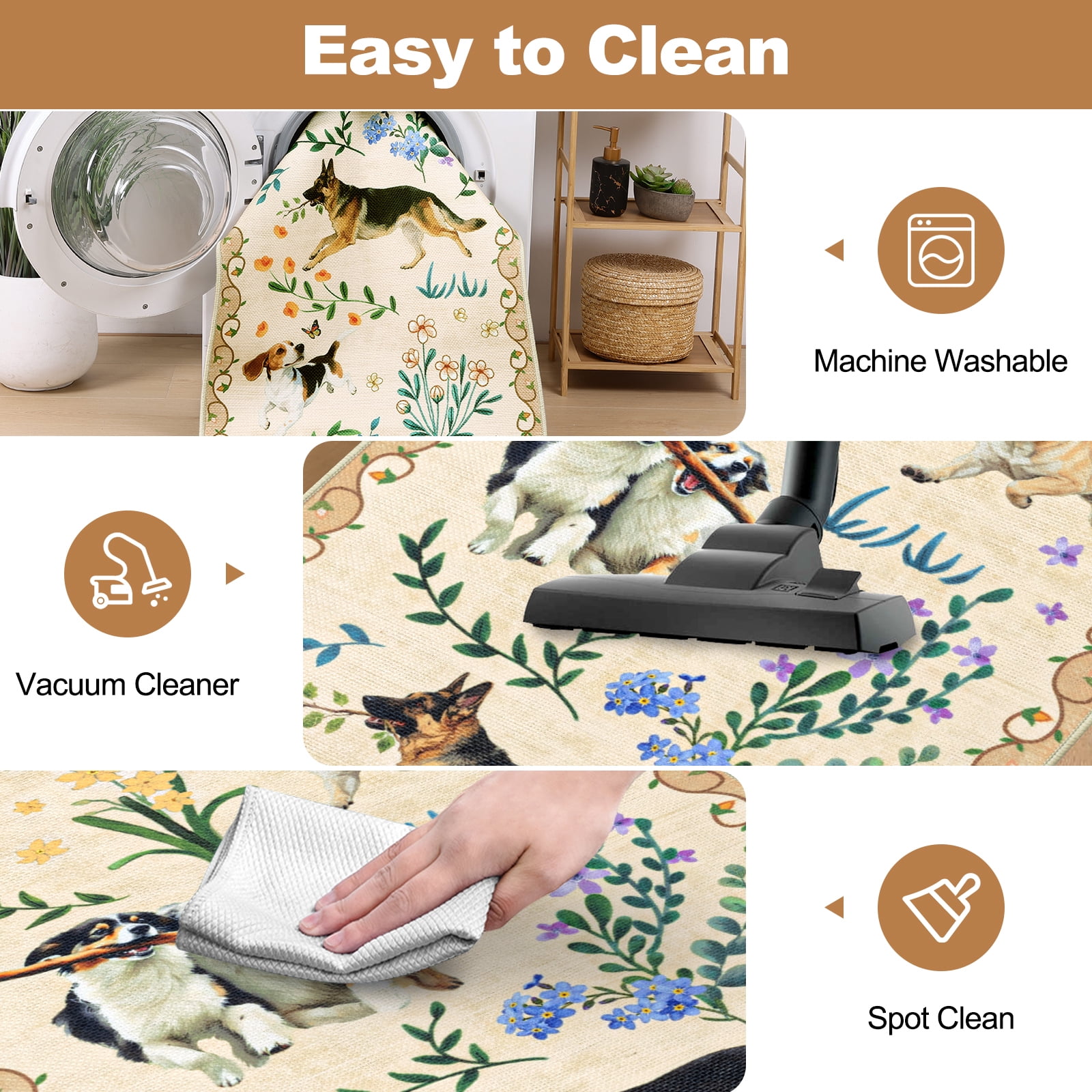 MJIAexp 2'x6' Jute Animal Dog Floral Kitchen Runner Rug,Woven Texture Machine Washable Runner Rug Non-Slip Rubberback Hallway Runner Laundry Rug Throw Carpet for Living Room Bedroom Dining Room Entry