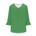 thumbnail image 5 of Fall Saving!QUINDOS T Shirts for Women 3/4 Sleeve Plus Size Plus Size Womens Tops Loose Fit Ruffle Sleeve Casual Pleated Green Solid V-Neck Tops, 5 of 5