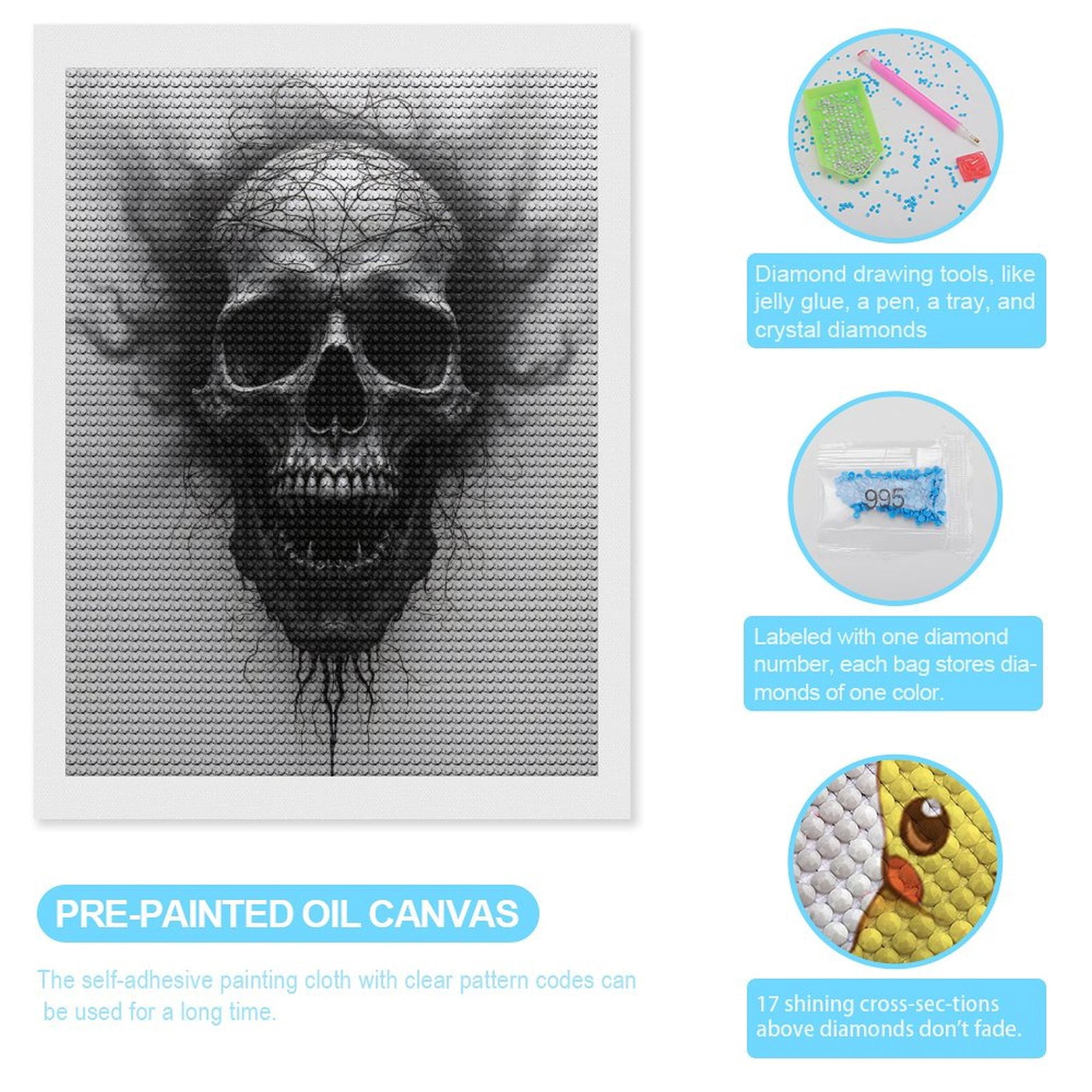 Diamond Art Kits for Adults, Skull Art Intricate Dark Lines 5D Diamond Painting Kits for Adults Beginners, DIY Full Drill Diamond Painting, Gem Art and Crafts 12x16