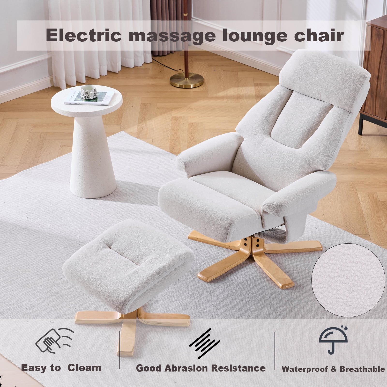 Beige Fabric Upholstered Heated Massage 360 Degree Swivel Accent Chair, Ergonomic Single Sofa with Ottoman and Adjustable Backrest for Living Room Bedroom Reading Nook, Beige