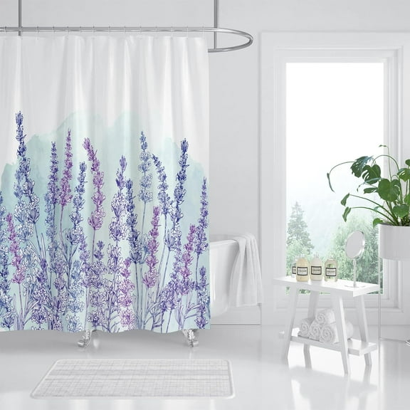 Lavender Shower Curtain, Purple Lavender Floral Shower Curtain Set, Watercolor Plant Leaves Flower Shower Curtains for Bathroom, Waterproof Fabric with 12 Hooks, 72 x 72 Inches