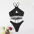 thumbnail image 5 of UTSJKR Women's Summer Bikini Set Ribbed Criss Cross Halter Bikini Swimsuit Fashion Beach Bathing Swimsuit Black L, 5 of 5