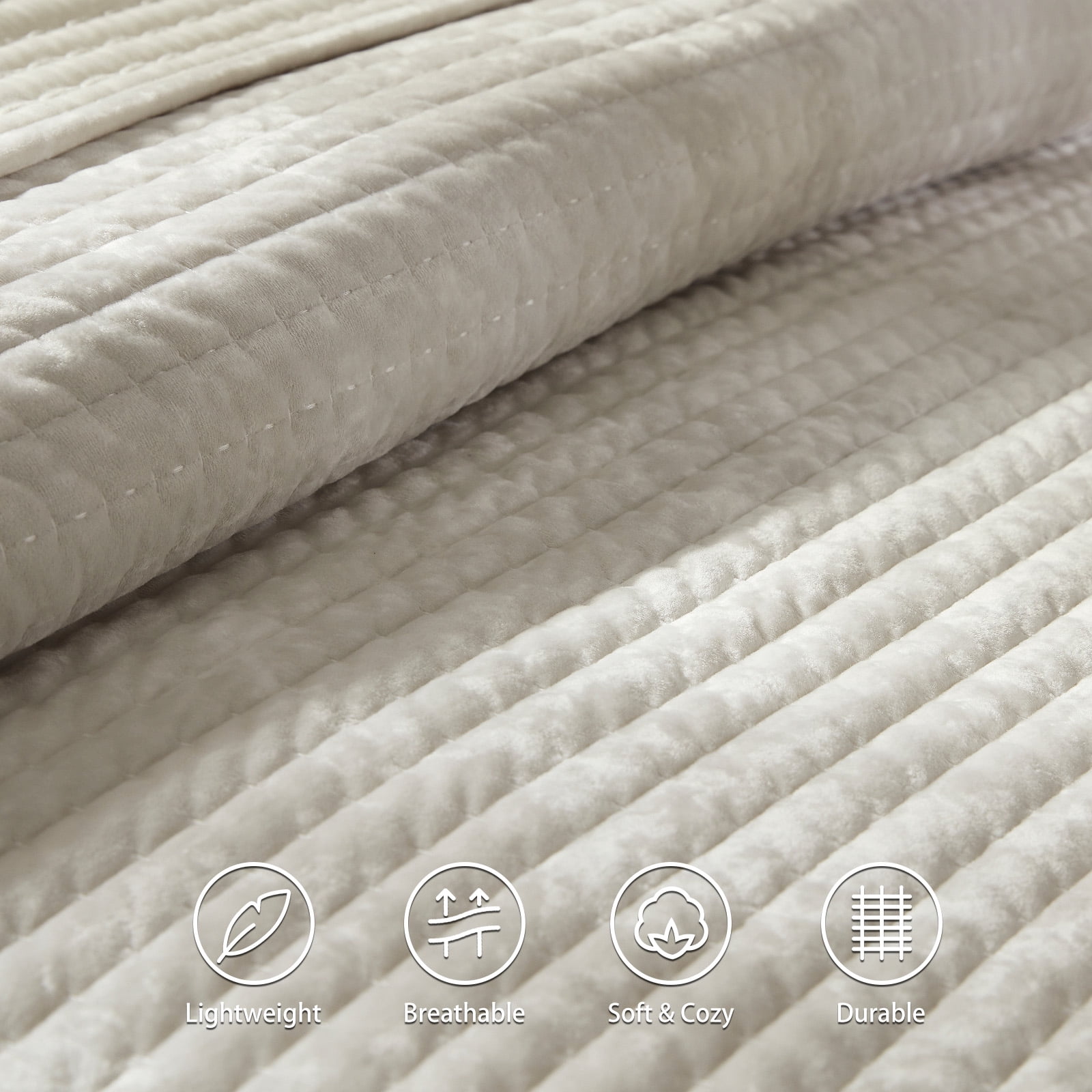 Luxury Velvet Quilt Set King Size 98''x106'', Ultra-Soft Striped Channel Comforter with Exquisite Rice Stitch Detailing, Lightweight All-Season Bedspread Coverlet w/ 2 Shams, White