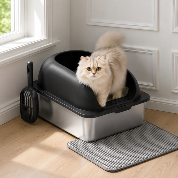 Kelno Cat Litter Box with Lid Scoop Mat High Wall Anti-Urine Leak Stainless Steel Litter Box, Black