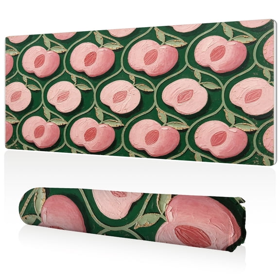 LIVEKEY Mouse Pad 80x40cm Extra Large Non Slip Stitched Edges Full Coverage Durable Easy Clean Pink Peach Pattern Green Background Oil Painting Style Art for Gaming Office