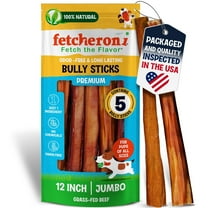 FETCHERONI Odor-Free Jumbo Bully Sticks (12 Inch, 5 Pack), 11 Ounce Bag, Fully Digestible 100% Beef Pizzle Chews, Grass-Fed, Non-GMO, Grain-Free, Natural Long-Lasting Chews for Medium & Large Dogs