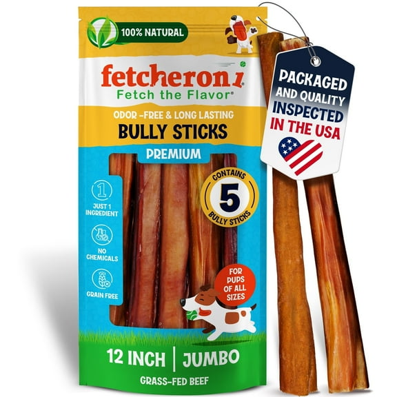 FETCHERONI Odor-Free Jumbo Bully Sticks (12 Inch, 5 Pack), 11 Ounce Bag, Fully Digestible 100% Beef Pizzle Chews, Grass-Fed, Non-GMO, Grain-Free, Natural Long-Lasting Chews for Medium & Large Dogs