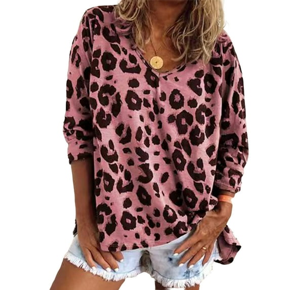 WISEFIN Women's Tunic Tops Tee Shirt Casual Leopard Print Long Sleeve V-Neck Relaxed Fit Blouse