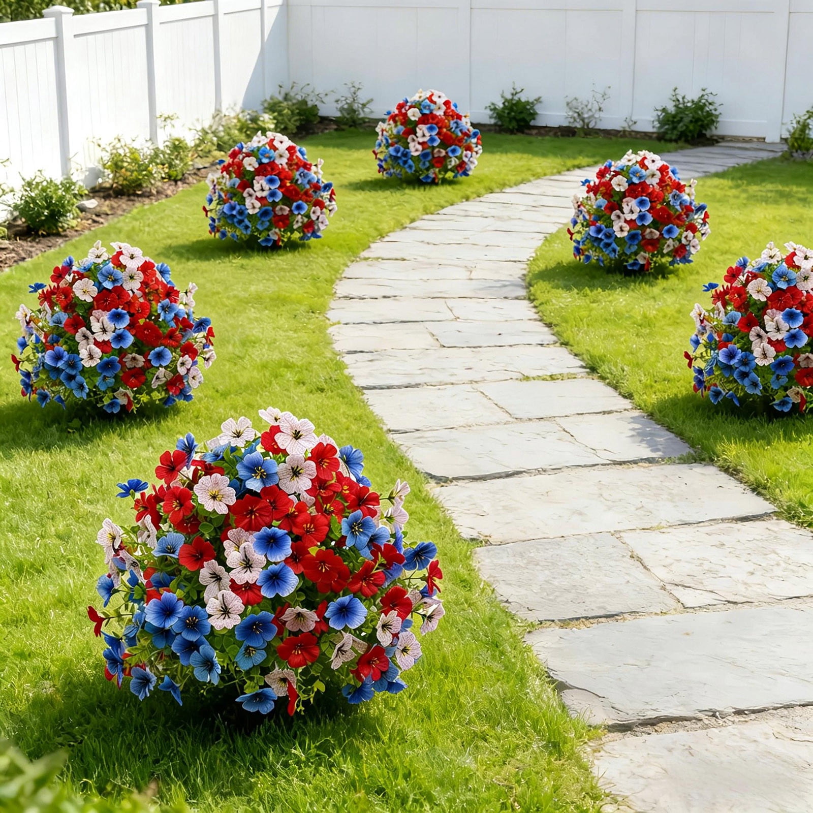 17.7in Independence Day Artificial Ground Stake Flower Tree - Red White Blue Flowers, Plastic Stalk, to Insert Soil, Floral Decor, Holiday Arrangements, Home, Outdoor, Weather-Resistant