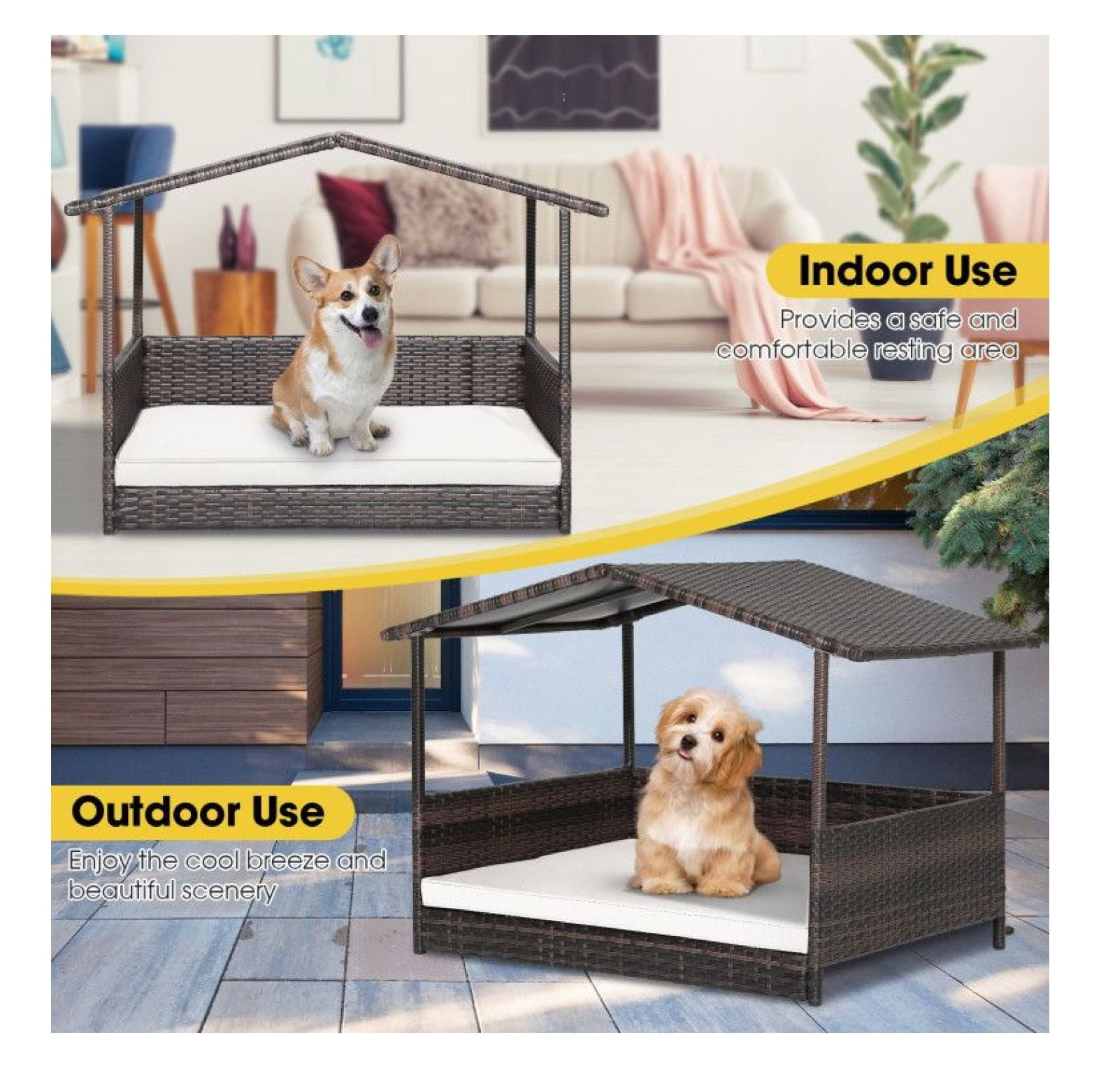 Wicker Dog House Outdoor Indoor, Weatherproof Rattan Dog Bed with Cushion - Large Dog House for Yard, Porch, Living Room - Elevated Pet Bed