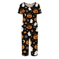 thumbnail image 4 of Women's Halloween Pajama Set Short Sleeve V Neck Top and Cropped Pants Lightweight Breathable Lounge Outfit with Pumpkin Print Casual Sportswear for Daily Wear Yellow XL, 4 of 6