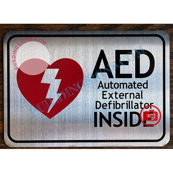 AED AUTOMATED External DEFIBRILLATOR Sign (Silver, Double Sided Tape, Aluminum, RED 3.5x5.5) (ref-2201)