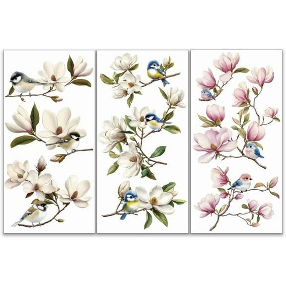 1Set 3pcs/Set Magnolia Tree Rub on Transfers for Furniture and Crafts 6x12 inch Bird Twigs Decor Transfer Stickers Magnolia Rub on Decals for Wood Furniture Scrapbooking Home Decorations