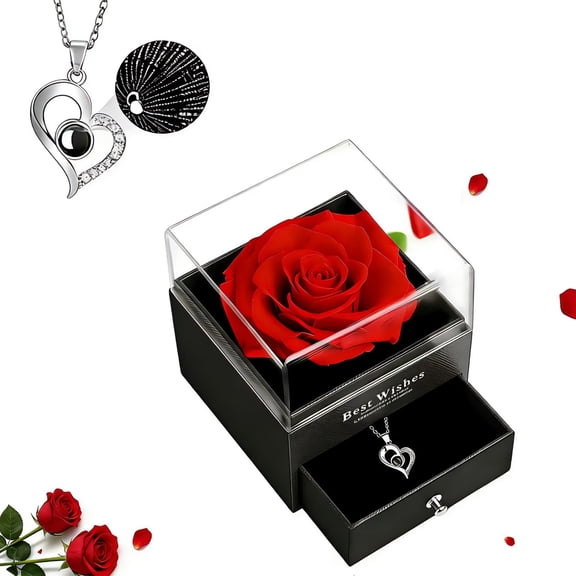 Ricihene Preserved Red Rose with I Love You Necklace in 100 Languages -Eternal Flowers Rose Gifts for Mom Wife Girlfriend Her on Christmas Valentines Day Mothers Day Anniversary Birthday Gifts