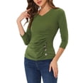 thumbnail image 4 of Allegra K Women's Button Decor V Neck 3/4 Sleeve Solid Knitted Ruched Blouse, 4 of 5