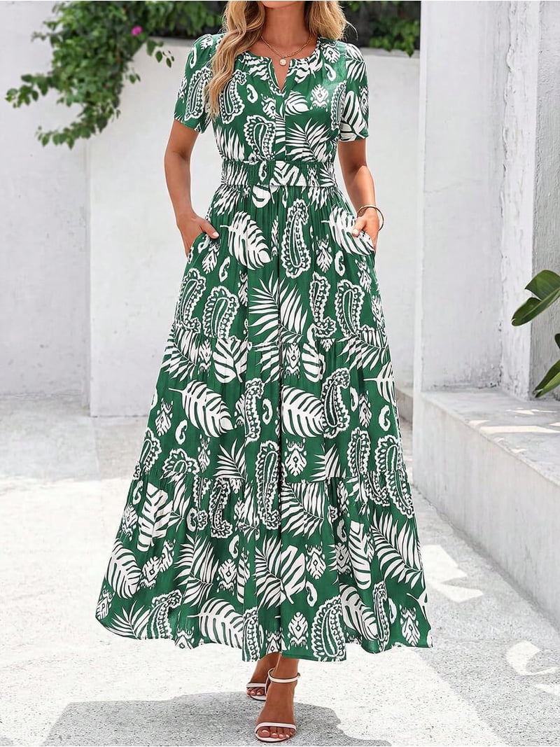 Green And White Flowers Womens Green And White Floral Maxi Dress V-Neck, Women's, Size: Small, Blue