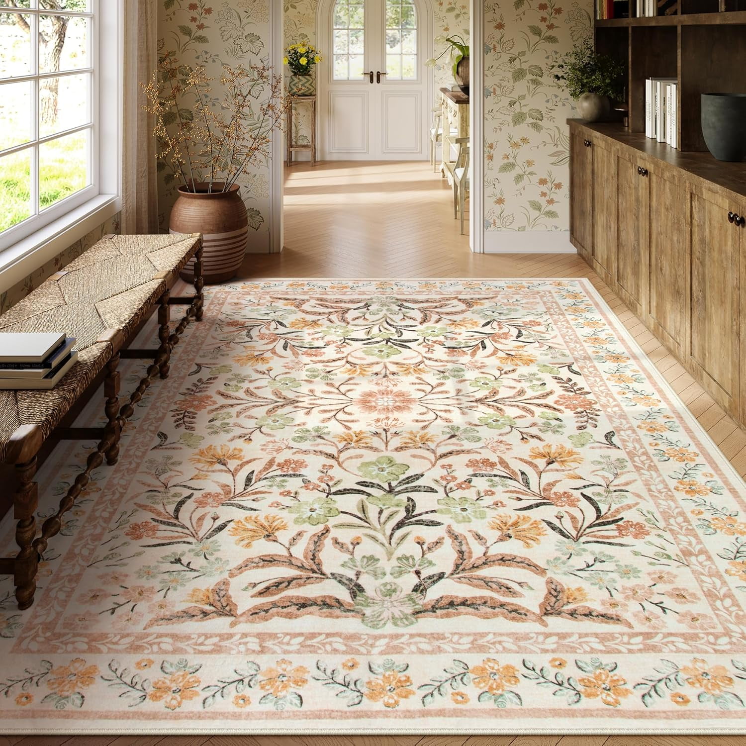 Moynesa 8'x10' Fall Area Rugs, Boho Washable Rugs for Bedroom, Bohemian Brown Rugs for Living Room, Soft Floral Thin Carpet for Apartment Dorm Home, Ochre Fall