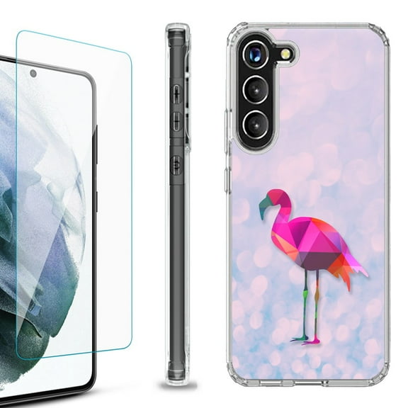 OneToughShield ® for Samsung Galaxy S23  S23 Plus 5G Shockproof Bumper Phone Case, with Tempered Glass Screen Protector - Flamingo / Polygon