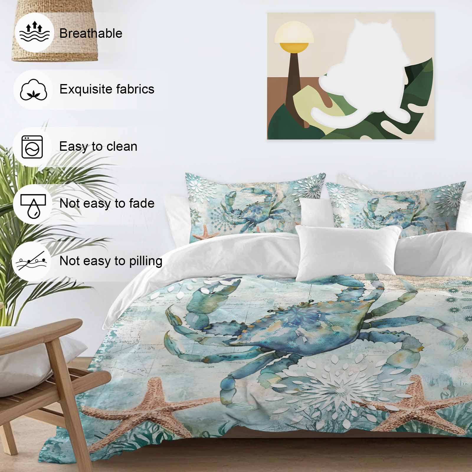 Retro Sea Crabs Bedding Duvet Cover Set Twin Size 4 Pieces Sea Stars Corals Ocean Animals Bedding Set with Zipper Closure, 1 Comforter Cover 68x86 Inches 1 Flat Sheet & 2 Pillow Cases
