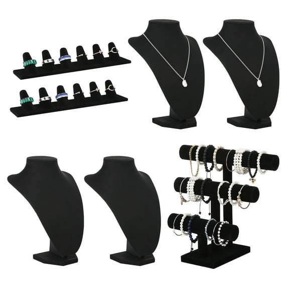 Bocaoying 7 Pcs Velvet Jewelry Display Set, Individual Necklaces Rings and Bracelets Display Stand, 3 Tier T-Shaped Stand, Jewelry Organizer and Storage for Home Store Show