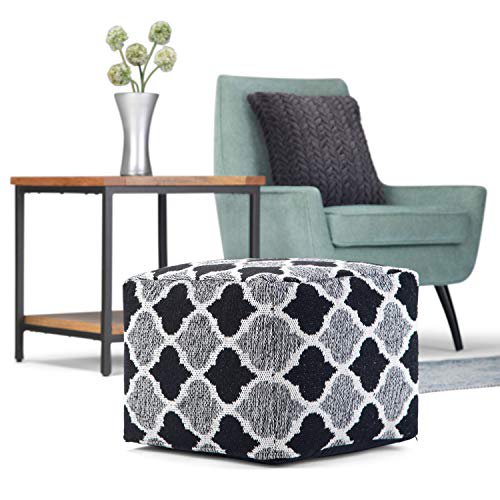 SIMPLIHOME Currie Square Pouf, Footstool, Upholstered in Black, Grey, White Patterned Hand Woven Cotton, for the Living Room, Bedroom and Kids Room, Transitional, Modern