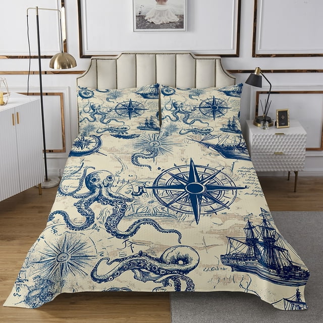 Erosebridal Ensemble de Couvre-Lit Rétro Nautique Très Grand, Ensemble de Literie Imprimé Octupe de Mer, Décoration de Navire Boussole 3 Pcs